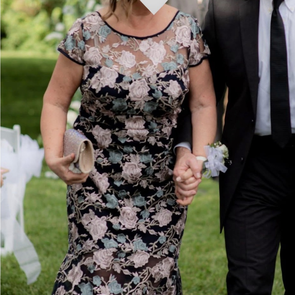 Xscape Navy Blue and Pink Floral Midi Dress